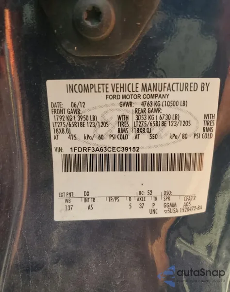 2012 Ford F350 Super Duty из США, поврежденный, VIN 1FDRF3A63CEC39152